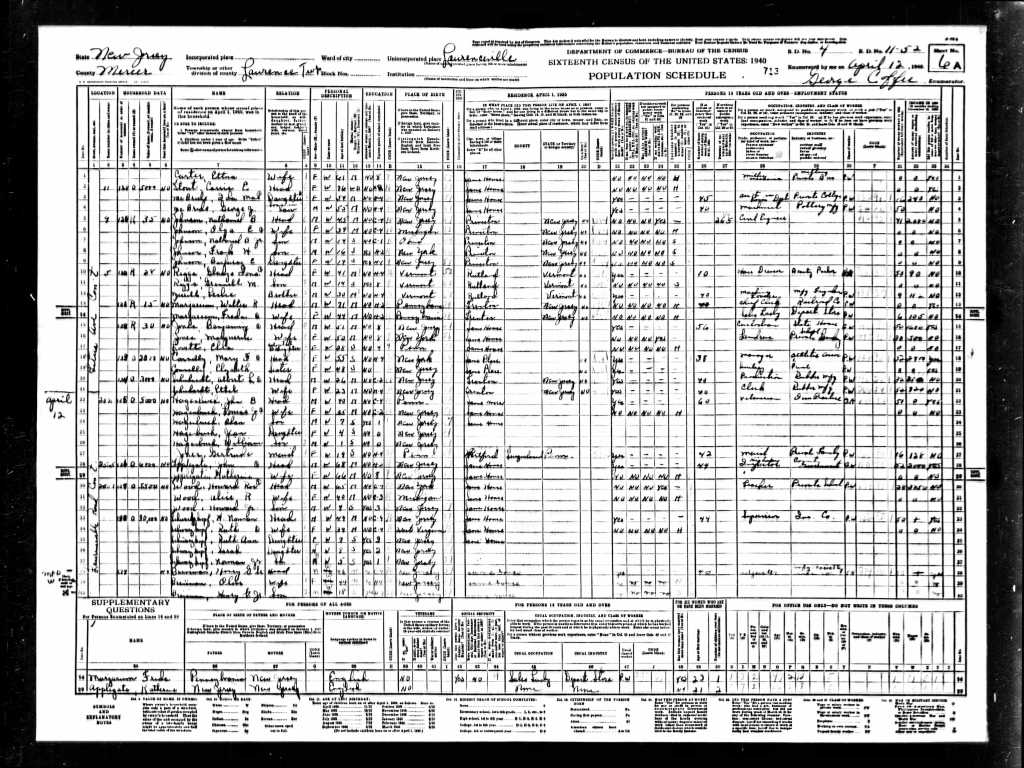 1940 New jersey U.S. Census Lawrence Township, NJ Schwarzkopf family