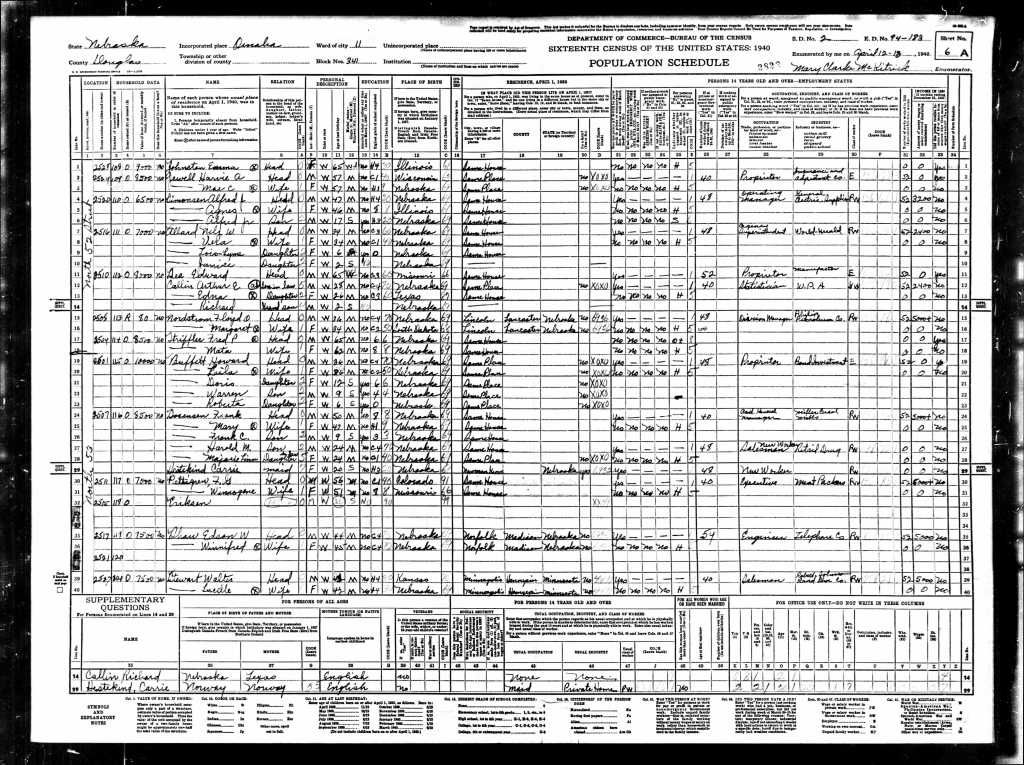 1940 US Census Omaha Nebraska Warren Buffett
