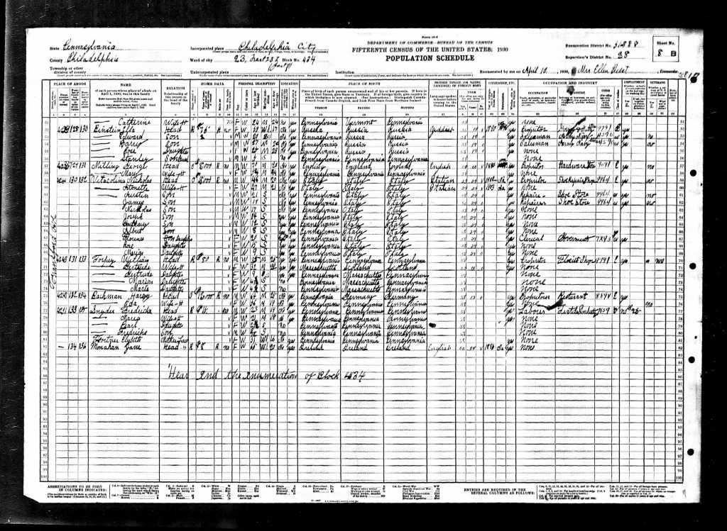 1930 Philadelphia census Binstine (Berebstain) family