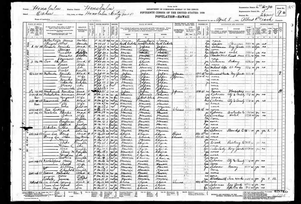 1930 census Honolulu  Fong family